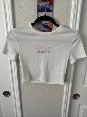 H&M White Ribbed 'Angel Baby' Crop Tee